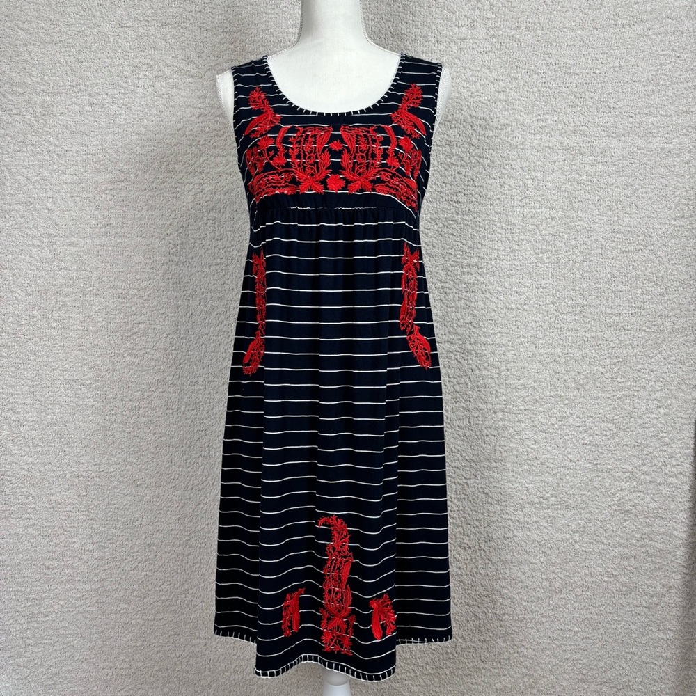 Chelsea & Theodore Dress Womens M Blue Nightlife White/Red Carnation Embroidered